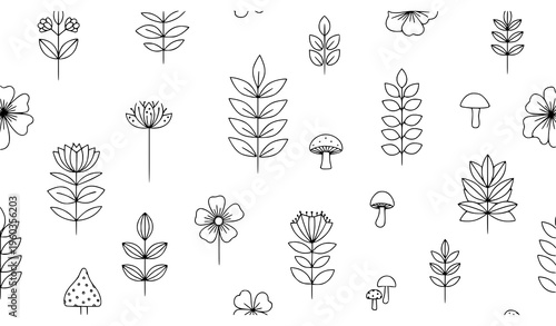 Minimal exotic flowers leaves fungus seamless line vector illustration