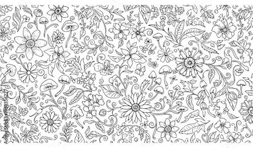 Exotic flowers leaves and fungus seamless line art vector pattern