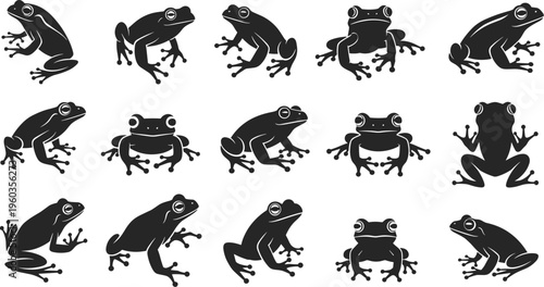 Frog Vector Icon Set with Multiple Tree Frog Poses and Silhouettes for Wildlife, Amphibian Biology, Nature Illustrations, Environmental Design, and Animal Graphics