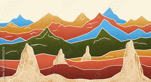 Abstract landscape illustration with layered mountains and rock formations in a retro pop art halftone style