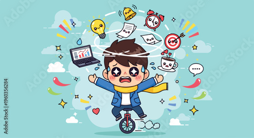 A cartoon boy riding a unicycle surrounded by various icons and symbols against a light blue background with a playful mood.