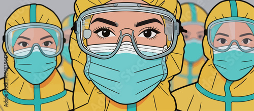 Health workers wear protective gear during a public health event focused on safety and prevention measures in a crowded space