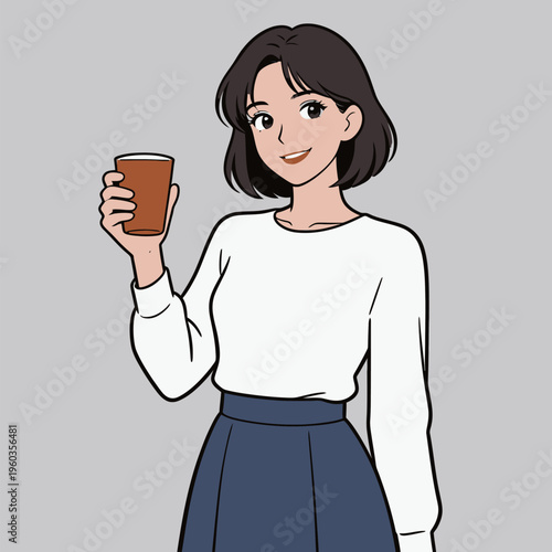Young woman smiles and holds a drink while standing in front of a gray background in a casual setting