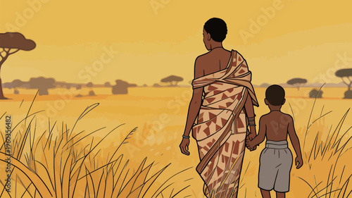 Mother and child walk through a golden field in a rural landscape during the evening light of a sunset