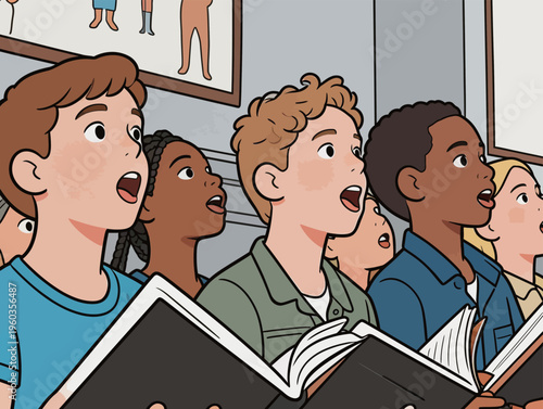 Children sing in a classroom while holding music books during a lesson on a weekday morning