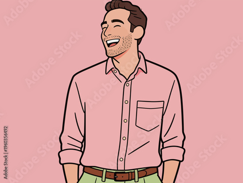 Young man smiles and laughs wearing a pink shirt while standing against a plain pink background