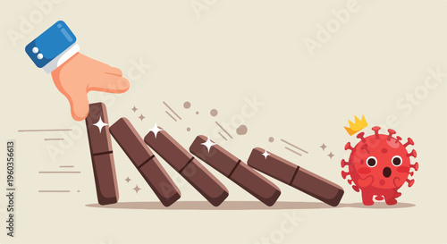 Cartoon illustration of a hand pushing dominoes with a red virus character watching, on a beige background with a flat design and vibrant colors.