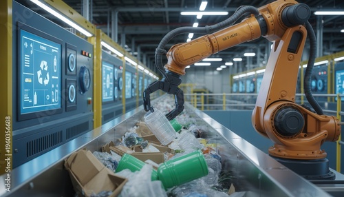 Wallpaper Mural Robotic Arm Sorting Waste: In a cutting-edge waste management facility, a robotic arm precisely sorts recyclable materials, highlighting the efficiency and innovation in sustainable practices. Torontodigital.ca