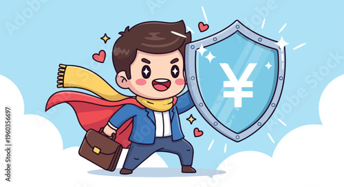 Cartoon businessman in superhero costume holding shield with yen symbol and briefcase, standing on clouds with sparkles.