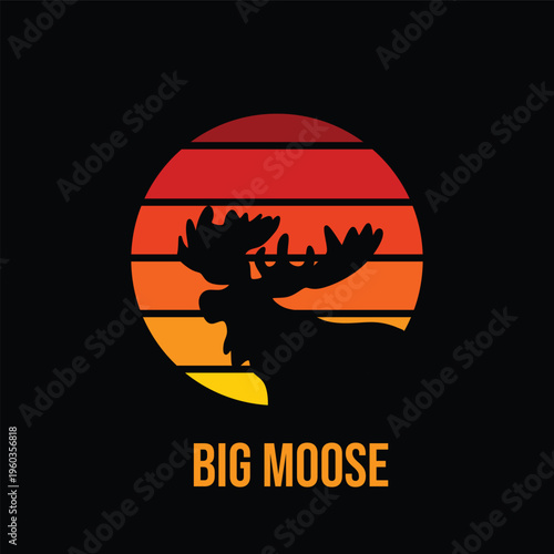 Big Moose Silhouette Badge with Sunset Color Perfect for Print, Apparel, etc