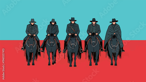 Five riders on horseback in front of a colorful background during a western-themed event