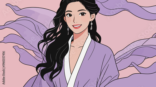 Woman in purple outfit stands with flowing ribbons on pale pink background at an art event in a creative space