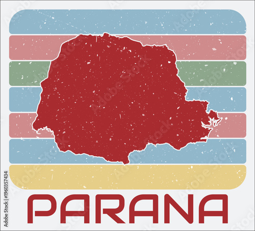 Parana, Brazil vintage logo. Shape of the state on retro colored stripes background. Parana, Brazil map design with grunge scratch texture. Vector illustration.