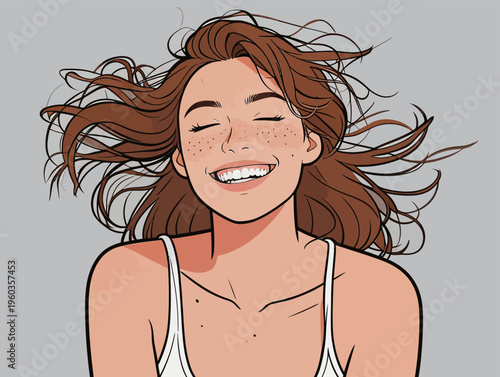 Young woman with long hair smiling widely in a simple graphic style on a gray background during daytime