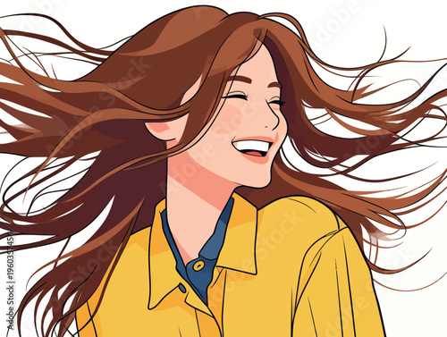 Woman with flowing hair smiles joyfully while wearing a yellow shirt in a light setting, expressing happiness in a carefree moment