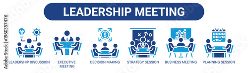 Leadership Meeting web banner icon vector illustration concept with icons of leadership discussion, executive meeting, decision making, strategy session, business meeting, and planning session.