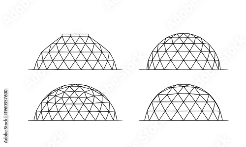 Geodesic dome wireframe set with triangular mesh structure — abstract geometric hemisphere vector illustration for architecture, technology, and futuristic design concepts