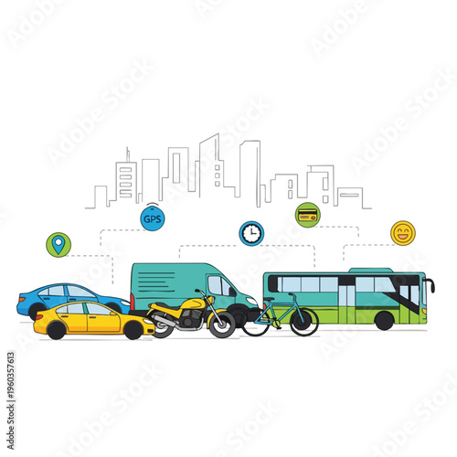 Diverse vehicles, city skyline, GPS, clock, credit card, smiley face