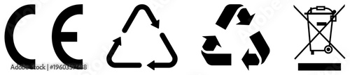 Compliance and recycling symbols set including CE mark, recycle, reusable, and crossed bin signs. Packaging labels for product safety, disposal, environmental and regulatory use. vector illustration