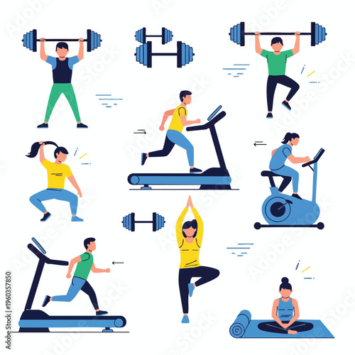 Diverse people engage in various athletic activities and exercises in a clean, bright setting