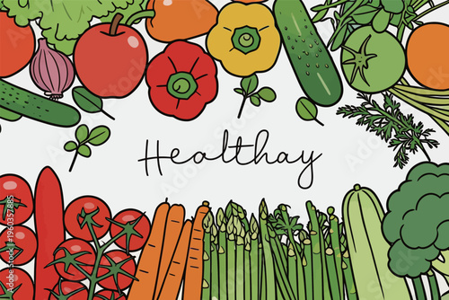 Fresh vegetables arranged on a plain background with the word Healthay written in the center for a health-focused theme