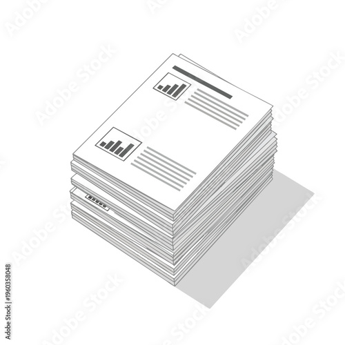Stack of documents with charts and lines, casting a shadow