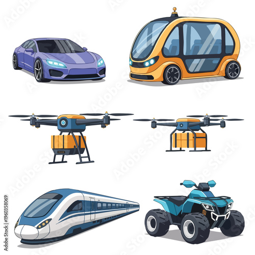 Diverse vehicles shown car, pod, drones, train, and ATV