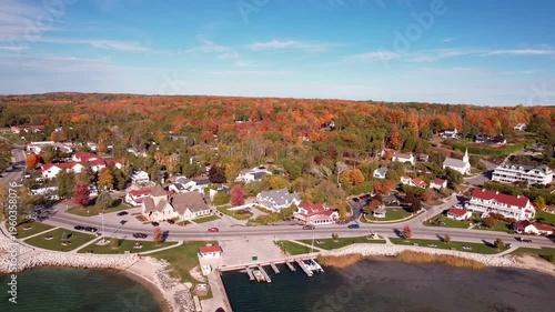 Aerial Drone View of Egg Harbor in Door County Wisconsin During Autumn – Colorful Fall Foliage and Lakeside Village (Video)