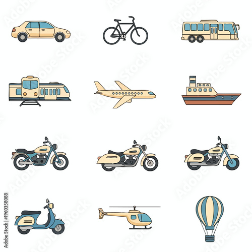 Diverse transportation modes including cars, bikes, aircraft, watercraft, and air balloons