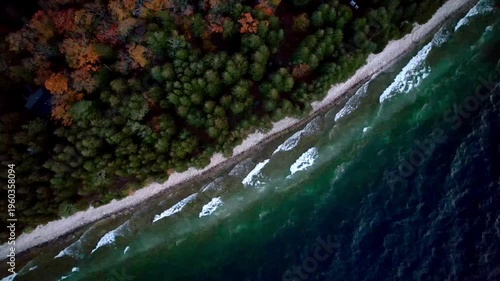 Aerial Drone View of Autumn Forest Meeting Turquoise Lake Shoreline – Scenic Coastal Landscape (Video)