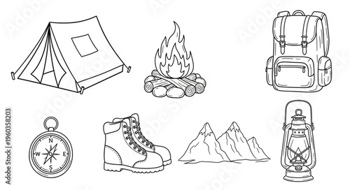 Camping Essentials - Tent, Fire, Backpack, Compass, Boots, Mountains, Bottle.