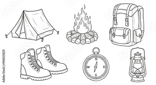 Camping Essentials - Tent, Fire, Backpack, Boots, Compass, and Lantern.
