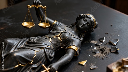 Broken statue of justice with scales