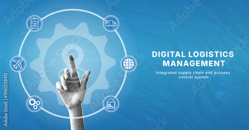 Digital interface with touch controls and logistics icons. Trendy halftone collage. Supply chain management system and distribution workflow. Global transportation network technology for business
