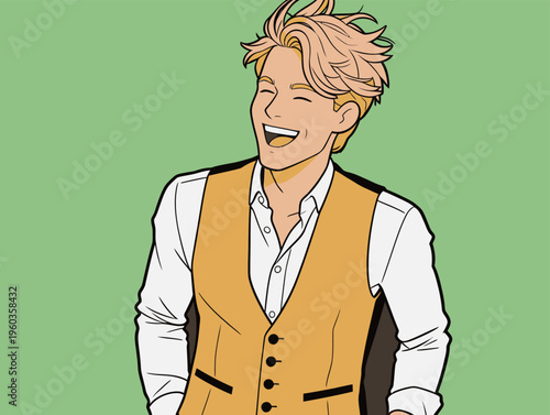 Young man smiles while wearing a yellow vest and standing in front of a green background