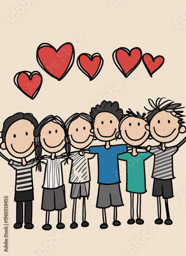 Friends celebrate together with heart symbols above them at a gathering during daytime