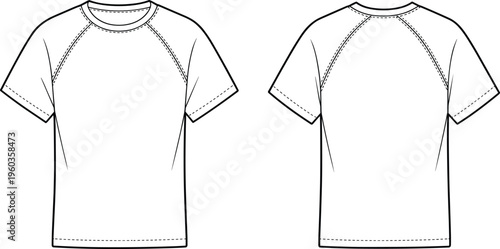 Vector, technical, sketch, of, a, blank, raglan, sleeve, t-shirt, front, and, back, view, for, apparel, manufacturing, and, fashion, design, mockup
