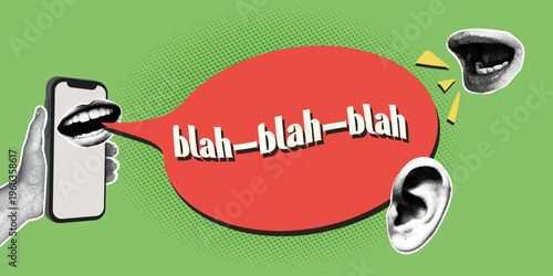 A smartphone with a mouth saying blah-blah in a speech bubble with an eavesdropping ear. Trendy halftone collage. Illustration of communication about noise, gossip, or useless chatter. Digital social
