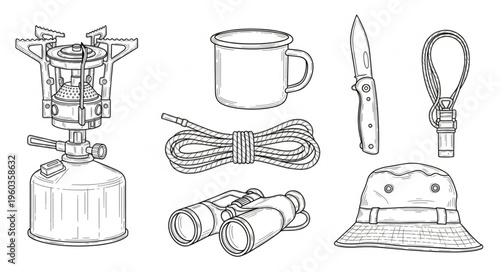 Camping Essentials - Stove, Mug, Knife, Rope, Binoculars, and Hat.