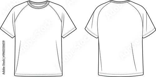 Vector, technical, sketch, of, a, blank, raglan, sleeve, t-shirt, front, and, back, view, for, apparel, manufacturing, and, fashion, design