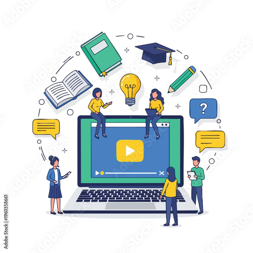 Diverse students collaborate around a laptop with educational icons