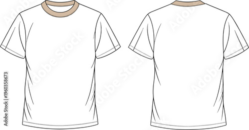 Vector, technical, sketch, of, a, mens, crew, neck, t-shirt, featuring, contrast, rib, collar, front, and, back, view, for, manufacturing, design