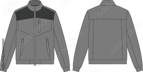 Vector, technical, sketch, of, a, mens, full, zip, jacket, featuring, chest, pockets, contrast, panels, front, and, back, view, for, manufacturing