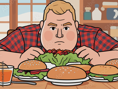 Person prepares to eat several burgers and salads at a table in a cozy kitchen setting during the day