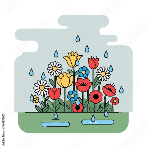 A collection of colorful flowers blooming under a gentle rain shower