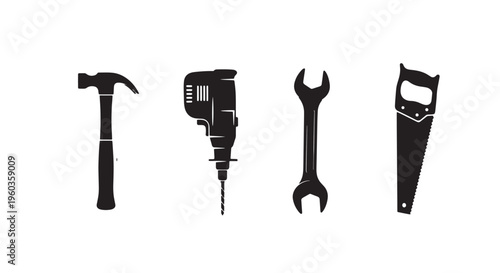 Construction Tools Icon Set Hammer Drill Wrench Saw, Minimal Black Silhouettes, Clean White Background