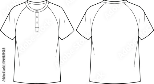 Vector, technical, sketch, of, a, mens, raglan, sleeve, henley, t-shirt, with, three, button, placket, front, and, back, view, for, manufacturing