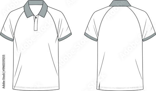 Vector, technical, sketch, of, a, mens, raglan, sleeve, polo, shirt, with, contrast, collar, placket, front, and, back, view, for, manufacturing