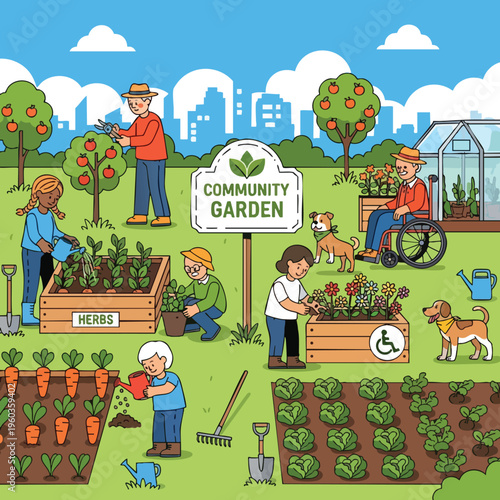 Diverse people and dogs tending a vibrant community garden with various crops and a greenhouse