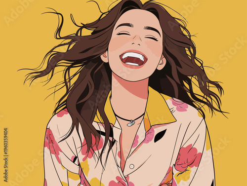 Woman smiles happily wearing a floral shirt against a bright yellow background during a warm sunny day